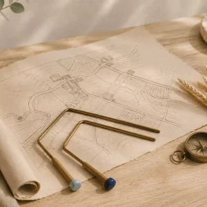 Plan cadastral déroulé, baguettes coudées en laiton, boussole et épis de blé sur une table en bois
