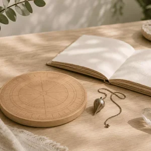 Cadran de géobiologie en bois, carnet ouvert, pendule et quartz posés sur une table en bois clair