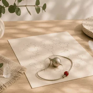 Pendule posé sur un schéma d'arbre généalogique, plume blanche et quartz sur une table en bois clair