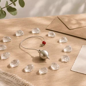 Pendule au centre d'un cercle de douze quartz, enveloppe et carte posées sur une table en bois clair