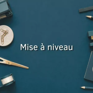 Visuel de la journée de mise à niveau en radiesthésie et géobiologie sur fond bleu avec matériel de bureau