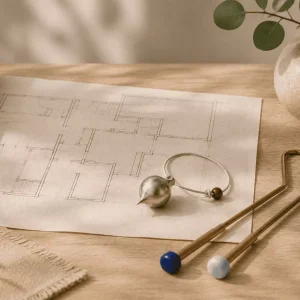 Plan d'habitation déroulé sur une table, pendule et baguettes coudées en laiton pour un soin à distance