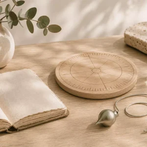 Cadran de radiesthésie en bois, livre ouvert, deux pendules et cristal de quartz sur une table en bois