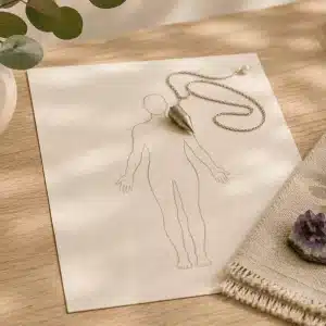 Pendule posé sur une silhouette humaine dessinée, améthyste et eucalyptus sur une table en bois clair