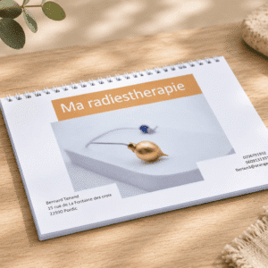 Livre Ma Radiesthérapie, recueil de 90 cadrans de radiesthésie, posé sur une table en bois clair