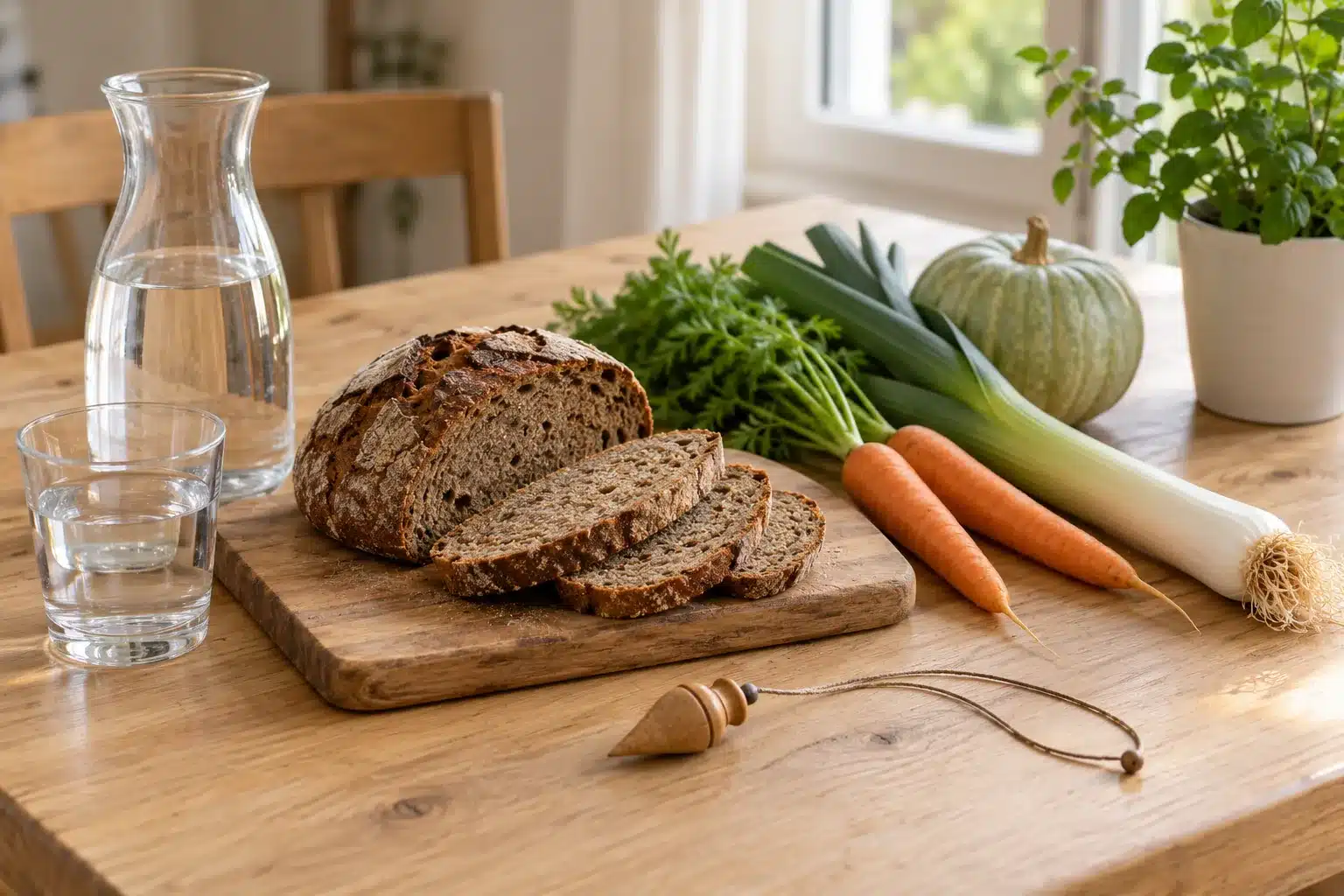 Carafe et verre d'eau, pain de seigle tranché et légumes frais sur une table en bois, avec un pendule de radiesthésie